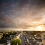 Views of Ayr town and seafront from the hotel at sunset